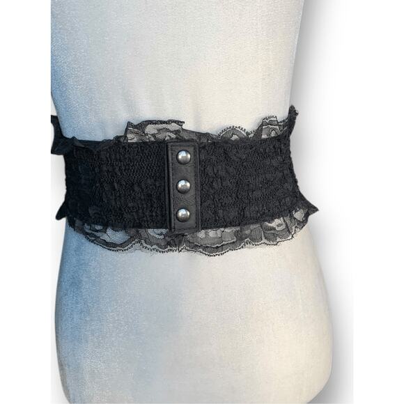 Deadstock Vintage Y2K Black Lace Corset Belt Leather Trim Statement Wide Cincher main image 7